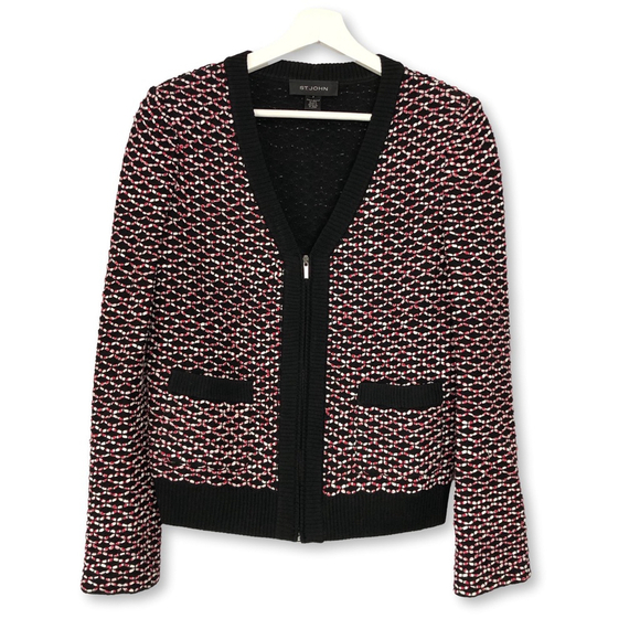 ST. JOHN Sweaters - St John Petite Caviar Tweed Zip Front Cardigan Jacket